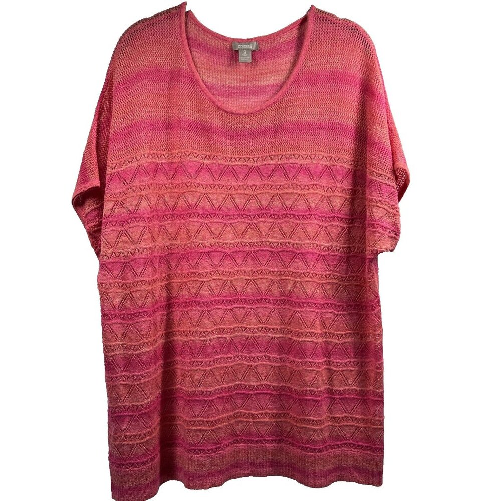 Chicos Women's Knit Top XL Pink Orange Sweater Short Sleeve Pullover‎ Colorful